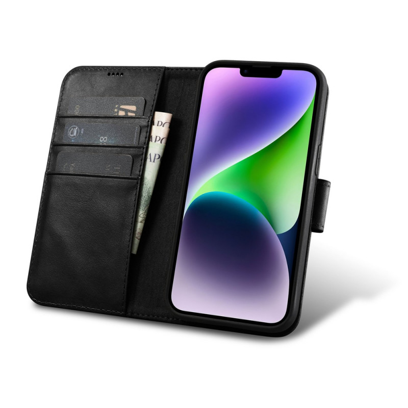 iCarer Oil Wax Wallet Case 2in1 nahkainen läppäkotelo iPhone 14 Plus -puhelimelle, Anti-RFID, musta (WMI14220723-BK)