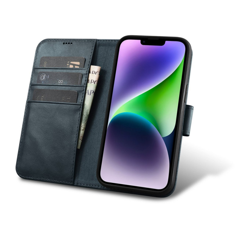 iCarer Oil Wax Wallet Case 2in1 nahkainen läppäkotelo iPhone 14 Plus -puhelimelle, Anti-RFID, sininen (WMI14220723-BU)
