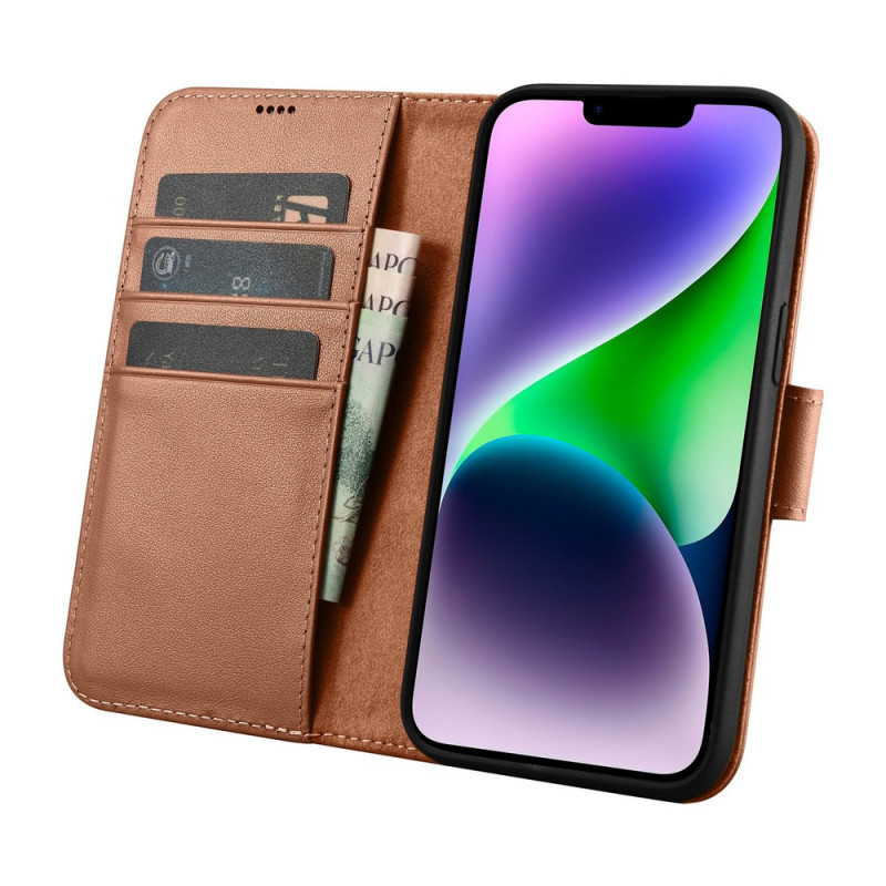 iCarer Wallet Case 2in1 nahkainen läppäkotelo iPhone 14 Plus -puhelimelle, Anti-RFID, ruskea (WMI14220727-BN)