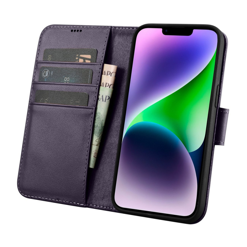 iCarer Wallet Case 2in1 nahkainen läppäkotelo iPhone 14 Plus -puhelimelle, Anti-RFID, tummanvioletti (WMI14220727-DP)