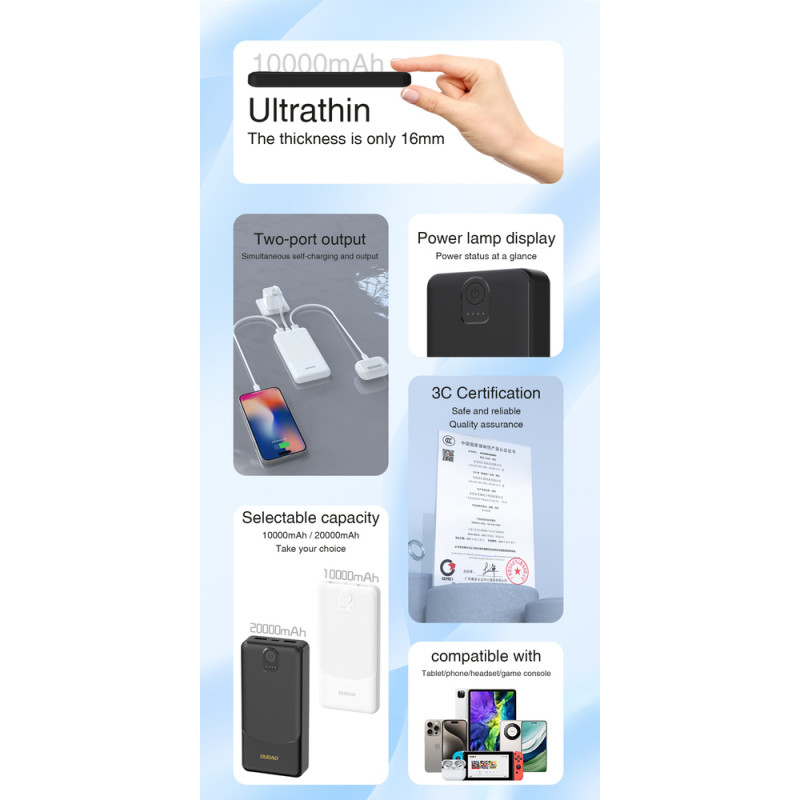 Dudao K10 10000 mAh varavirtalähde, 2 x USB-A, 2,4 A, valkoinen