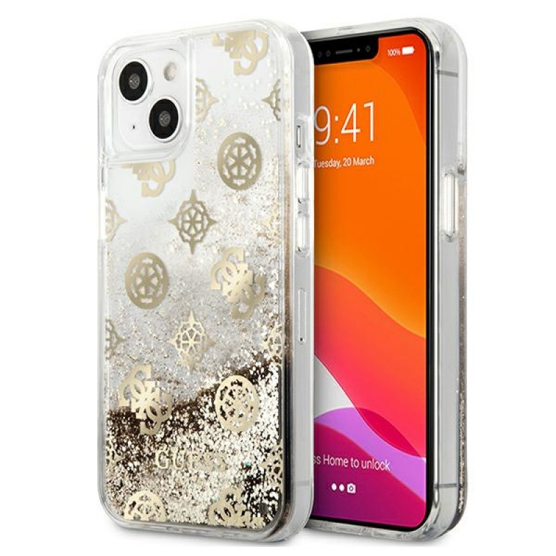 Guess GUHCP13SLGPEGO Apple iPhone 13 mini -kovakotelo Peony Liquid Glitter, kulta