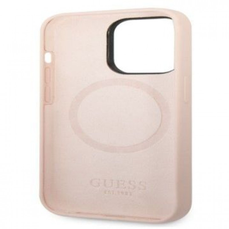 Guess Silicone Metal Logo MagSafe -yhteensopiva kuori Apple iPhone 14 Pro -puhelimelle, pinkki