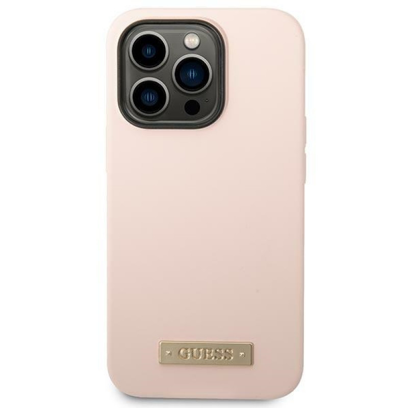 Guess Silicone Metal Logo MagSafe -yhteensopiva kuori Apple iPhone 14 Pro -puhelimelle, pinkki