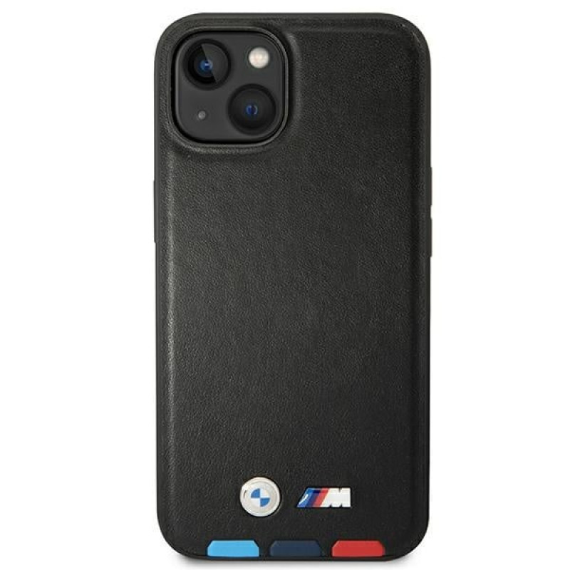 BMW BMHMP14S22PTDK Apple iPhone 14 -kotelo, Leather Stamp Tricolor MagSafe, musta