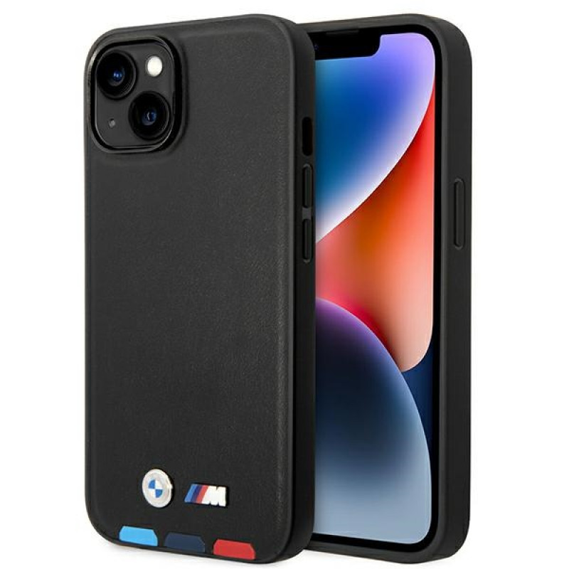 BMW BMHMP14M22PTDK Apple iPhone 14 Plus / 15 Plus -kuori, Leather Stamp Tricolor MagSafe, musta