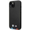 BMW BMHMP14M22PTDK Apple iPhone 14 Plus / 15 Plus -kuori, Leather Stamp Tricolor MagSafe, musta