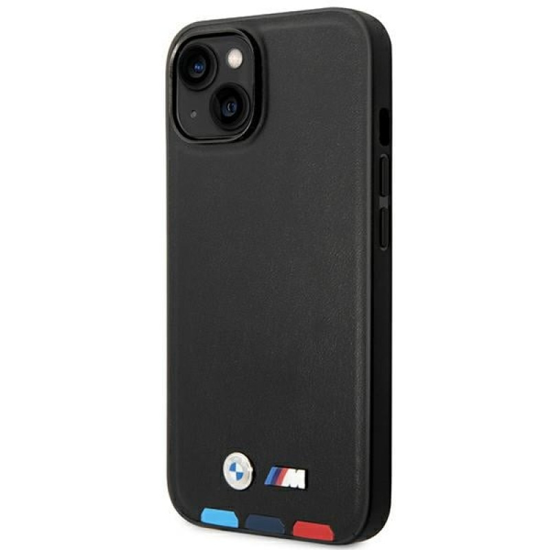 BMW BMHMP14M22PTDK Apple iPhone 14 Plus / 15 Plus -kuori, Leather Stamp Tricolor MagSafe, musta
