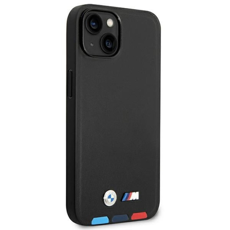 BMW BMHMP14M22PTDK Apple iPhone 14 Plus / 15 Plus -kuori, Leather Stamp Tricolor MagSafe, musta