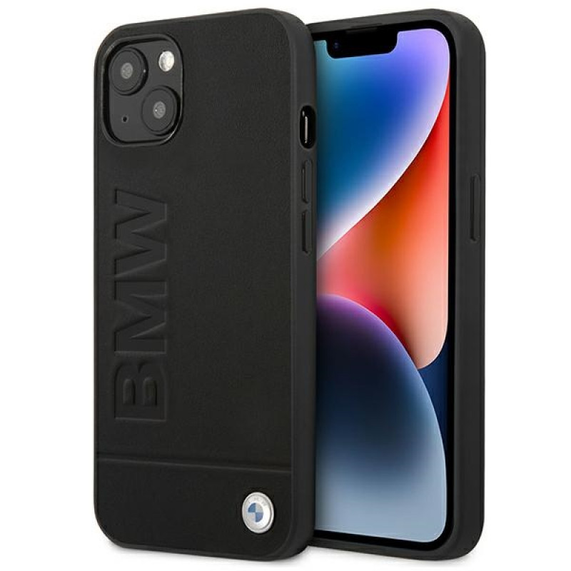 BMW BMHCP14MSLLBK Apple iPhone 14 Plus / 15 Plus -kuori, Leather Stamp, musta
