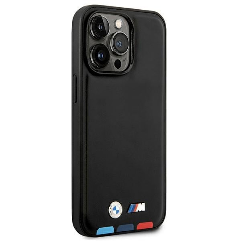 BMW BMHMP14X22PTDK Apple iPhone 14 Pro Max -kuori, Leather Stamp Tricolor MagSafe, musta