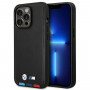 BMW BMHMP14L22PTDK Apple iPhone 14 Pro -kotelo, Leather Stamp Tricolor MagSafe, musta