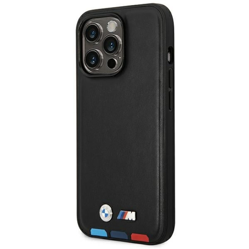 BMW BMHMP14L22PTDK Apple iPhone 14 Pro -kotelo, Leather Stamp Tricolor MagSafe, musta