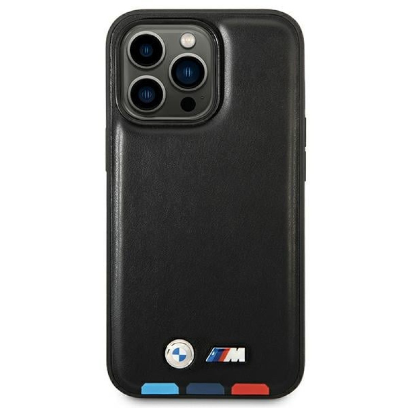 BMW BMHMP14L22PTDK Apple iPhone 14 Pro -kotelo, Leather Stamp Tricolor MagSafe, musta