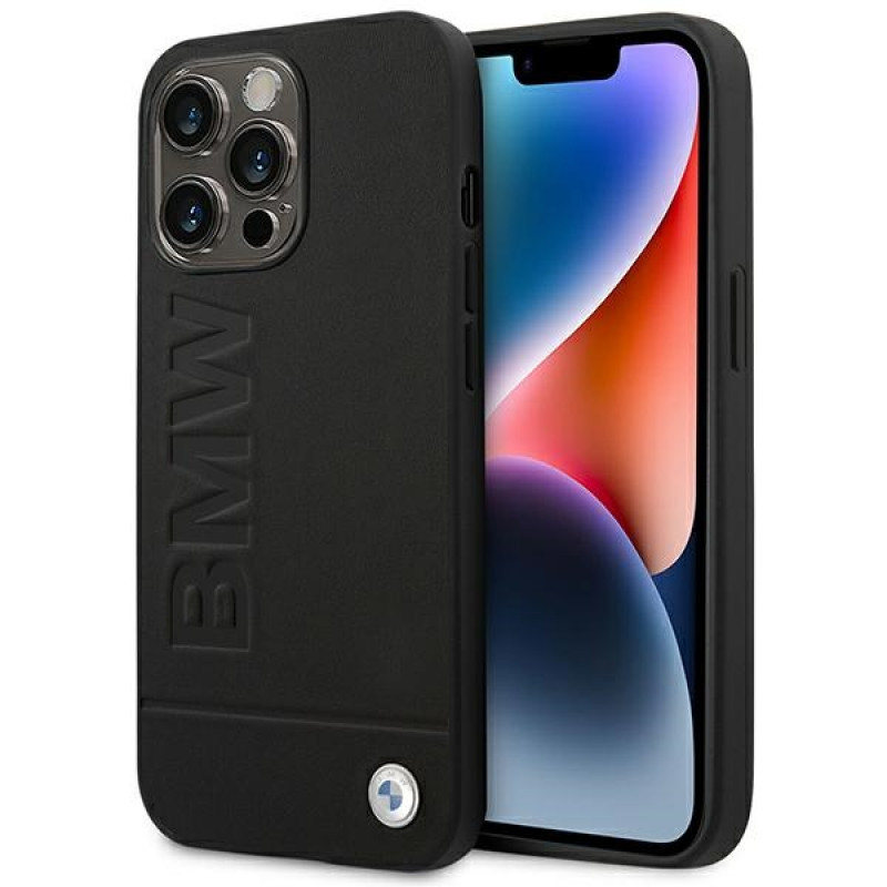 BMW BMHCP14XSLLBK Apple iPhone 14 Pro Max -kuori, Leather Stamp, musta