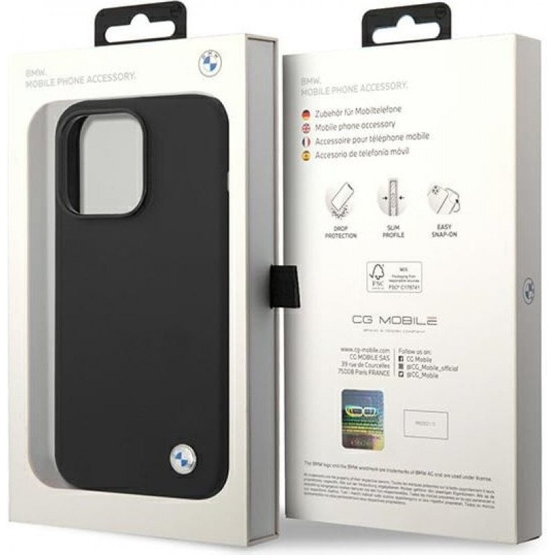 BMW BMHCP14XSILBK Silicone Metal Logo -kovakotelo Apple iPhone 14 Pro Max 6.7" -puhelimelle, musta