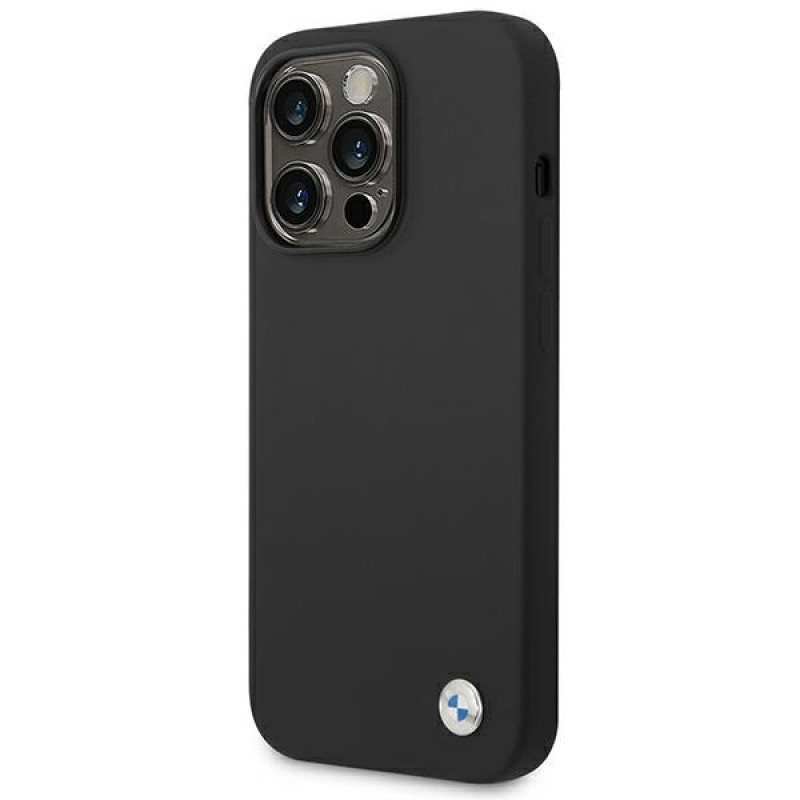 BMW BMHCP14XSILBK Silicone Metal Logo -kovakotelo Apple iPhone 14 Pro Max 6.7" -puhelimelle, musta