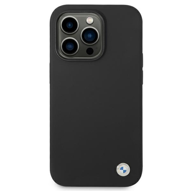 BMW BMHCP14XSILBK Silicone Metal Logo -kovakotelo Apple iPhone 14 Pro Max 6.7" -puhelimelle, musta