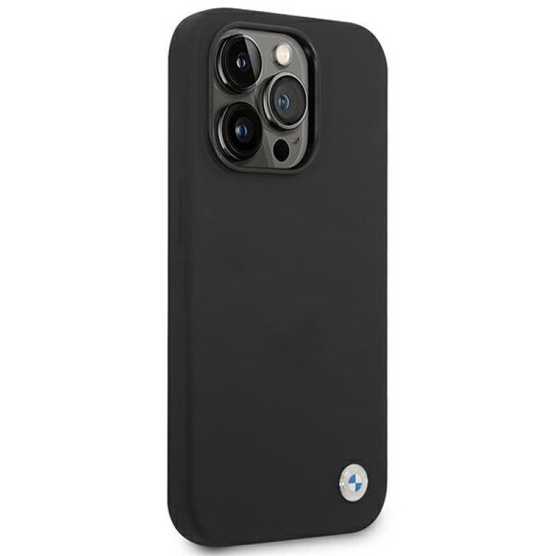 BMW BMHCP14XSILBK Silicone Metal Logo -kovakotelo Apple iPhone 14 Pro Max 6.7" -puhelimelle, musta