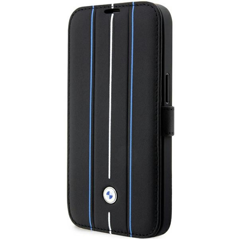 BMW BMBKP14L22RVSK Leather Stamp Blue Lines -kirjakotelo Apple iPhone 14 Pro 6.1" -puhelimelle, musta