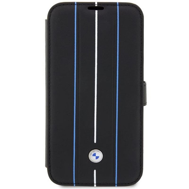 BMW BMBKP14L22RVSK Leather Stamp Blue Lines -kirjakotelo Apple iPhone 14 Pro 6.1" -puhelimelle, musta