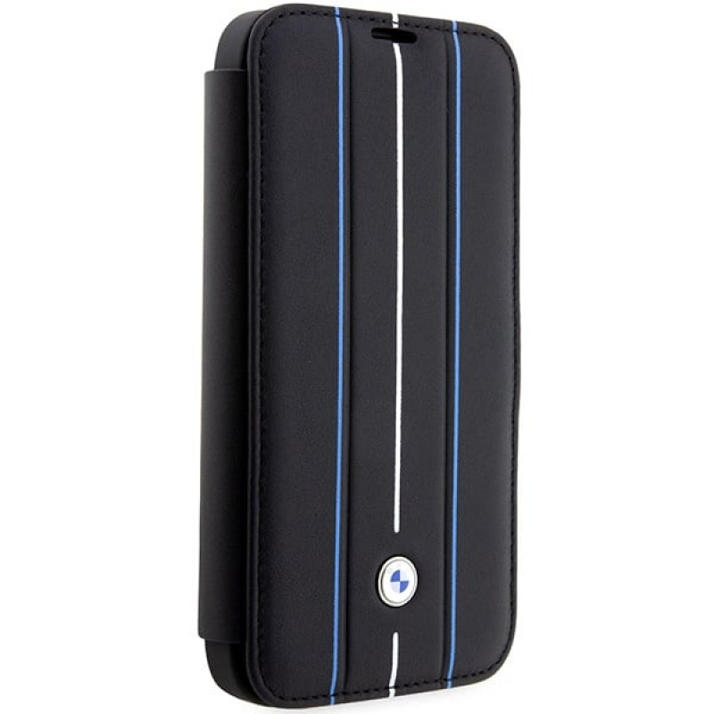 BMW BMBKP14L22RVSK Leather Stamp Blue Lines -kirjakotelo Apple iPhone 14 Pro 6.1" -puhelimelle, musta