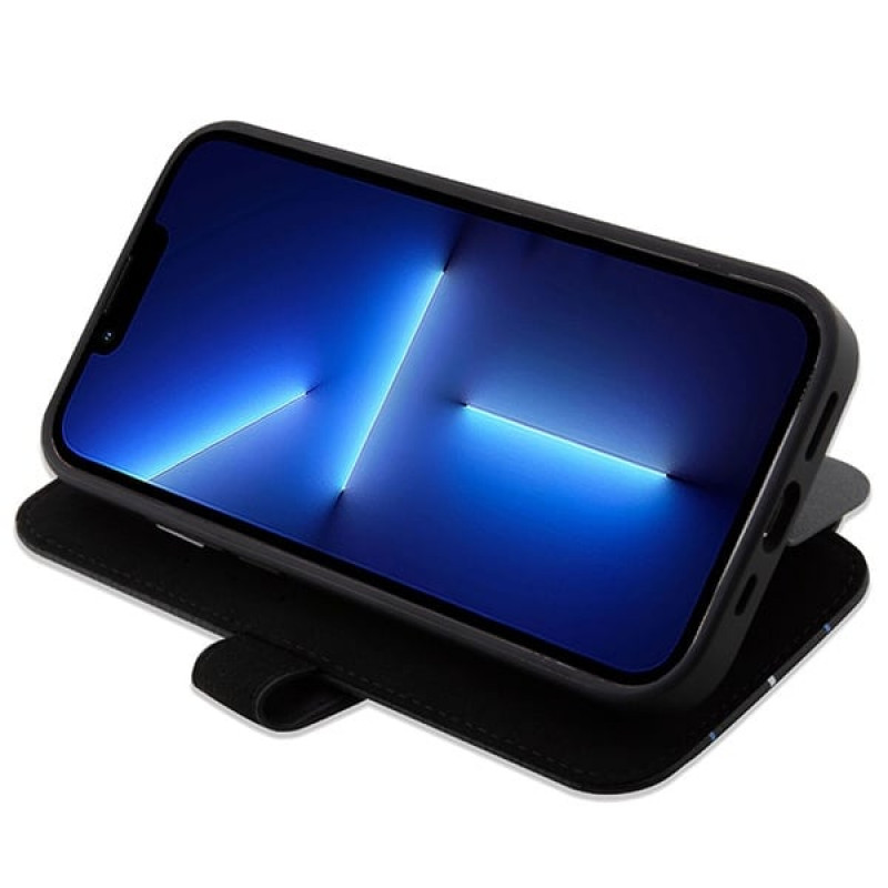 BMW BMBKP14L22RVSK Leather Stamp Blue Lines -kirjakotelo Apple iPhone 14 Pro 6.1" -puhelimelle, musta