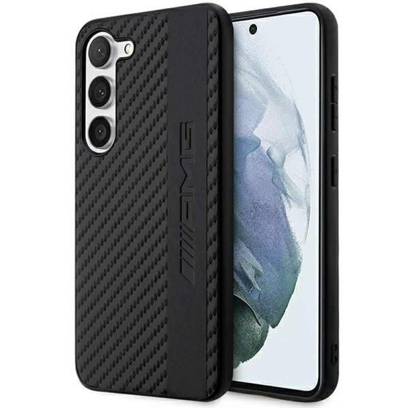 Mercedes-AMG AMHCS23SBLSCA Carbon Stripe & Embossed -kovakotelo Samsung Galaxy S23 (S911) -puhelimelle, musta