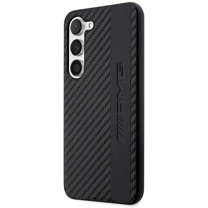 Mercedes-AMG AMHCS23SBLSCA Carbon Stripe & Embossed -kovakotelo Samsung Galaxy S23 (S911) -puhelimelle, musta