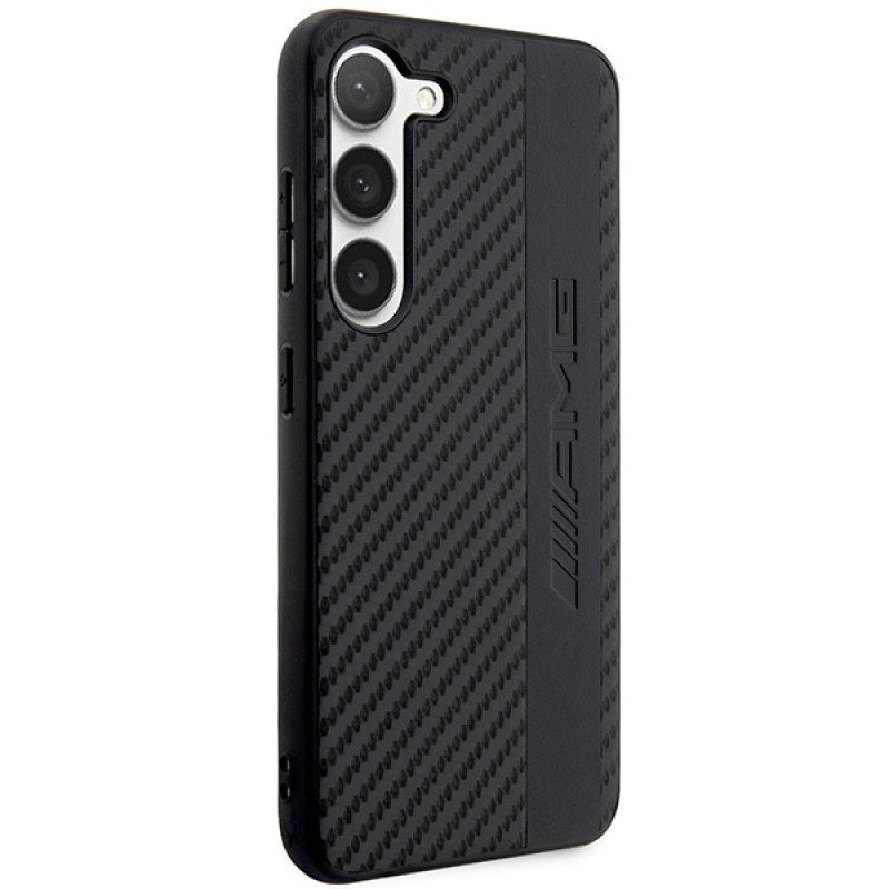 Mercedes-AMG AMHCS23SBLSCA Carbon Stripe & Embossed -kovakotelo Samsung Galaxy S23 (S911) -puhelimelle, musta