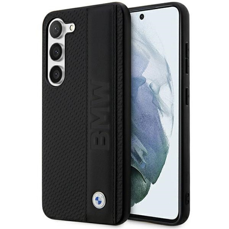 BMW BMHCS23M22RDPK Leather Textured & Stripe -kovakotelo Samsung Galaxy S23+ (S916) -puhelimelle, musta