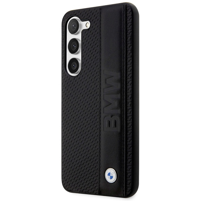 BMW BMHCS23M22RDPK Leather Textured & Stripe -kovakotelo Samsung Galaxy S23+ (S916) -puhelimelle, musta