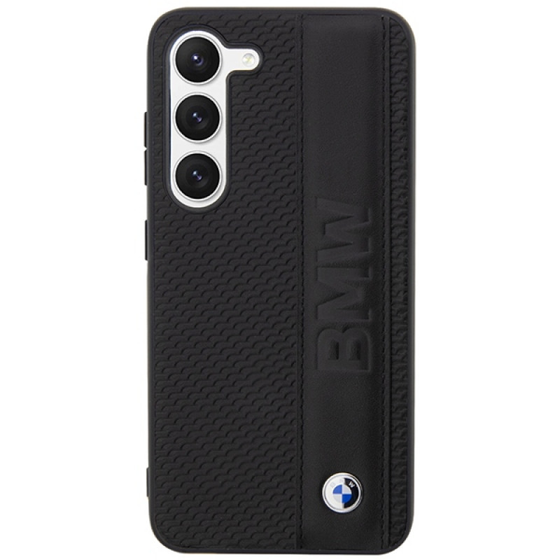 BMW BMHCS23M22RDPK Leather Textured & Stripe -kovakotelo Samsung Galaxy S23+ (S916) -puhelimelle, musta