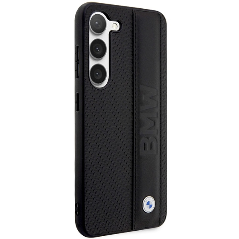 BMW BMHCS23M22RDPK Leather Textured & Stripe -kovakotelo Samsung Galaxy S23+ (S916) -puhelimelle, musta