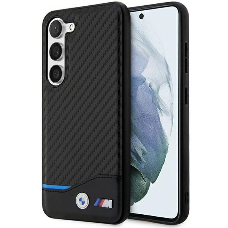 BMW BMHCS23M22NBCK Leather Carbon -kovakotelo Samsung Galaxy S23+ (S916) -puhelimelle, musta