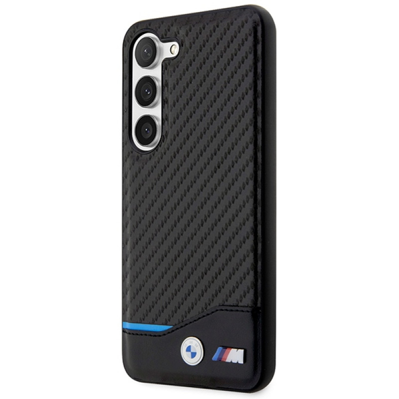 BMW BMHCS23M22NBCK Leather Carbon -kovakotelo Samsung Galaxy S23+ (S916) -puhelimelle, musta