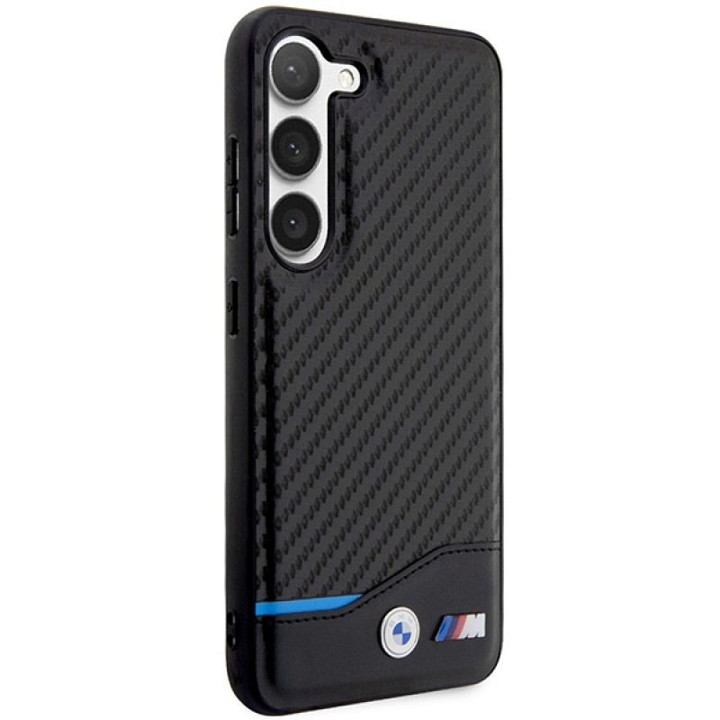 BMW BMHCS23M22NBCK Leather Carbon -kovakotelo Samsung Galaxy S23+ (S916) -puhelimelle, musta