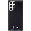 BMW BMHCS23L22PTDK Leather Stamp Tricolor -kovakotelo Samsung Galaxy S23 Ultra (S918) -puhelimelle, musta