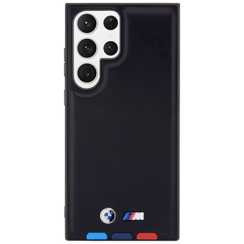 BMW BMHCS23L22PTDK Leather Stamp Tricolor -kovakotelo Samsung Galaxy S23 Ultra (S918) -puhelimelle, musta