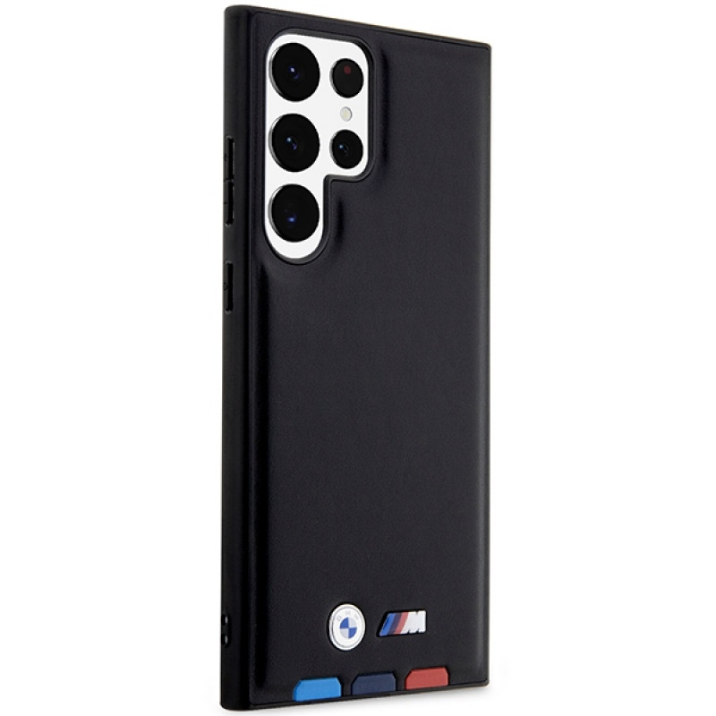 BMW BMHCS23L22PTDK Leather Stamp Tricolor -kovakotelo Samsung Galaxy S23 Ultra (S918) -puhelimelle, musta