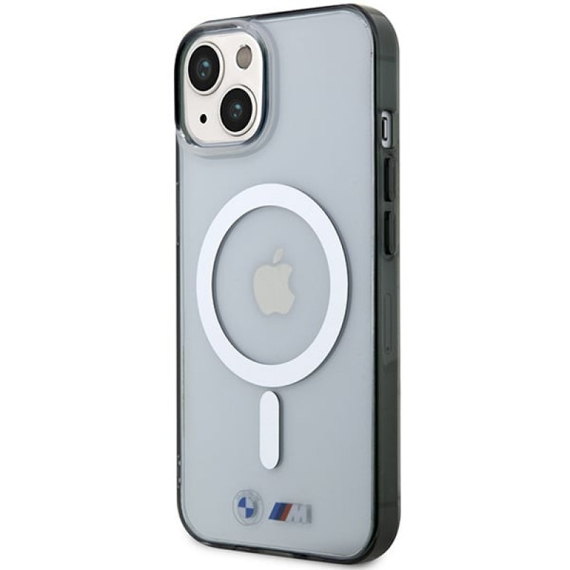 BMW BMHMP14MHCRS Silver Ring MagSafe -kovakotelo Apple iPhone 14 Plus / 15 Plus -puhelimelle, läpinäkyvä