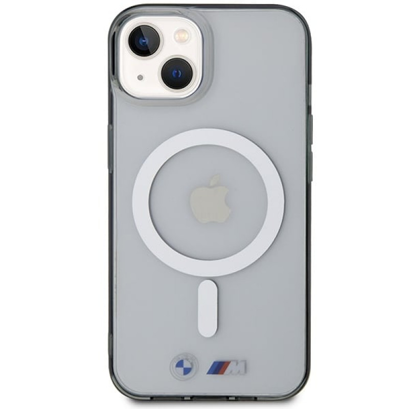 BMW BMHMP14MHCRS Silver Ring MagSafe -kovakotelo Apple iPhone 14 Plus / 15 Plus -puhelimelle, läpinäkyvä