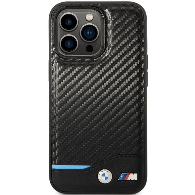 BMW BMHCP13X22NBCK Leather Carbon -kovakotelo Apple iPhone 13 Pro Max -puhelimelle, musta