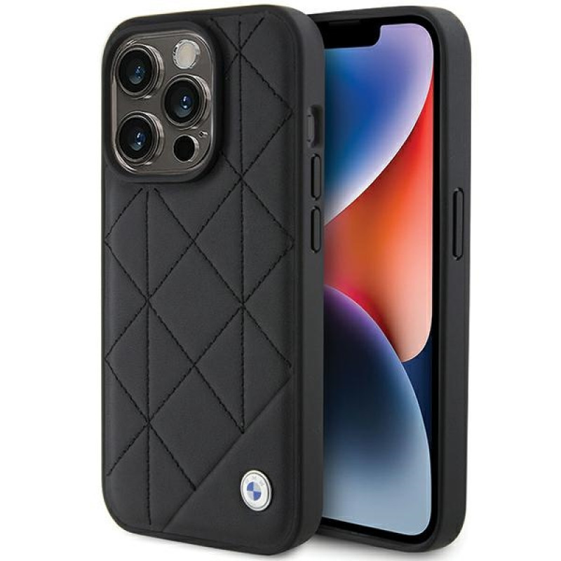 BMW BMHCP15X22RQDK Leather Quilted -nahkakotelo Apple iPhone 15 Pro Max -puhelimelle, musta