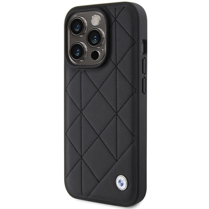 BMW BMHCP15X22RQDK Leather Quilted -nahkakotelo Apple iPhone 15 Pro Max -puhelimelle, musta