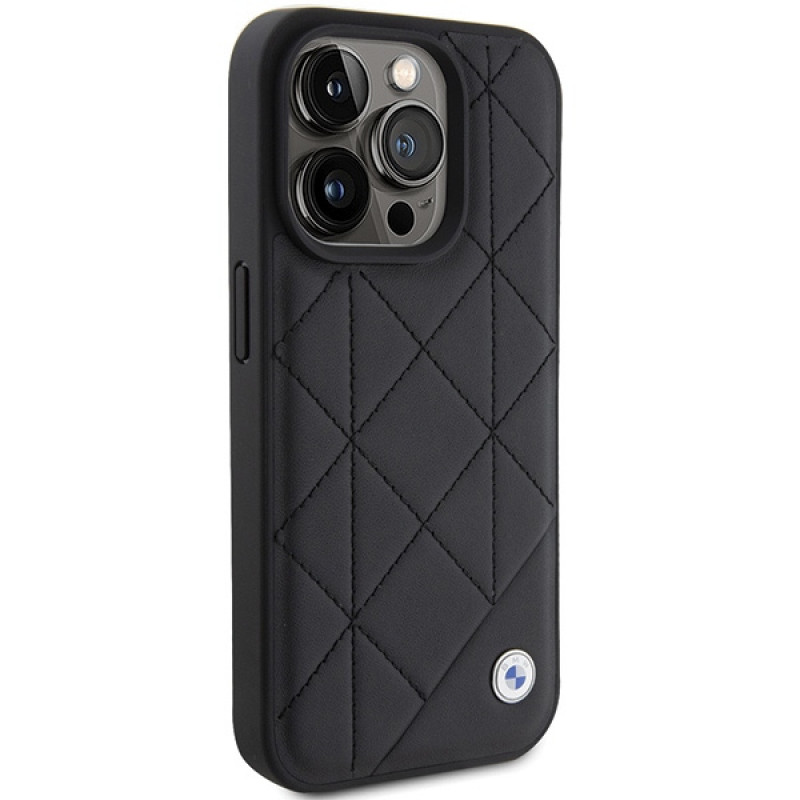 BMW BMHCP15X22RQDK Leather Quilted -nahkakotelo Apple iPhone 15 Pro Max -puhelimelle, musta