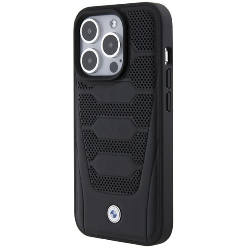 BMW BMHCP15X22RPSK Leather Seats Pattern -kovakotelo Apple iPhone 15 Pro Max -puhelimelle, musta