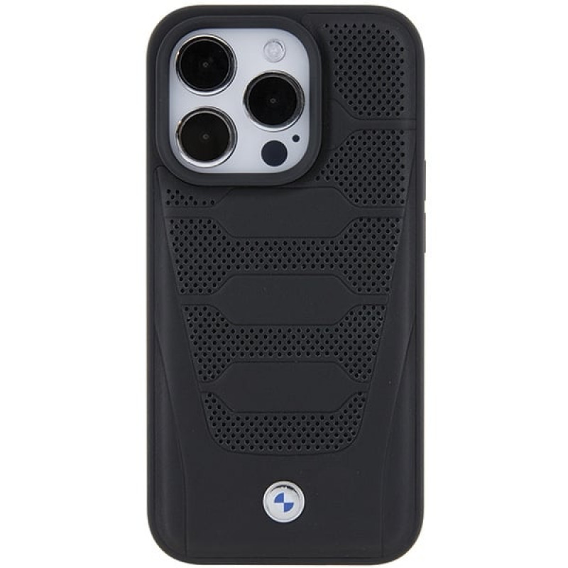 BMW BMHCP15X22RPSK Leather Seats Pattern -kovakotelo Apple iPhone 15 Pro Max -puhelimelle, musta