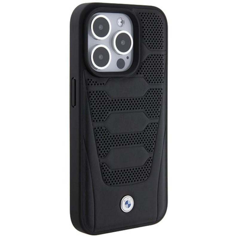 BMW BMHCP15X22RPSK Leather Seats Pattern -kovakotelo Apple iPhone 15 Pro Max -puhelimelle, musta