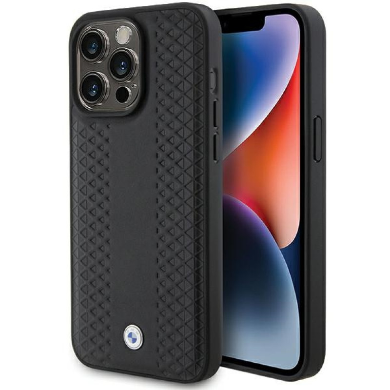 BMW BMHCP15L22RFGK Leather Diamond Pattern -kuori Apple iPhone 15 Pro -puhelimelle, musta